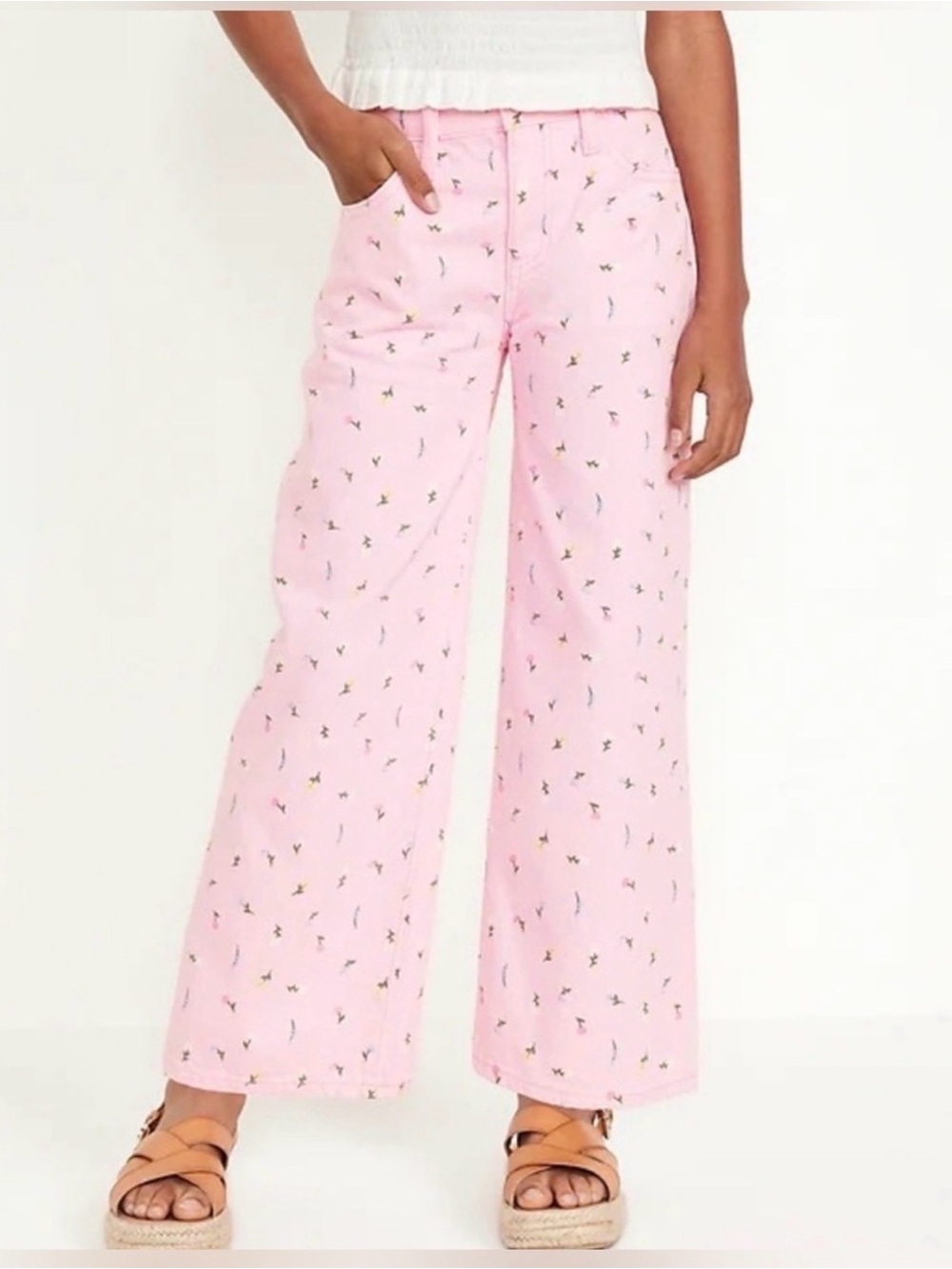 Old Navy🌸 GIRLS 🌼 Pink Floral High-Rise Baggy Wide Leg Jeans-Sz 16